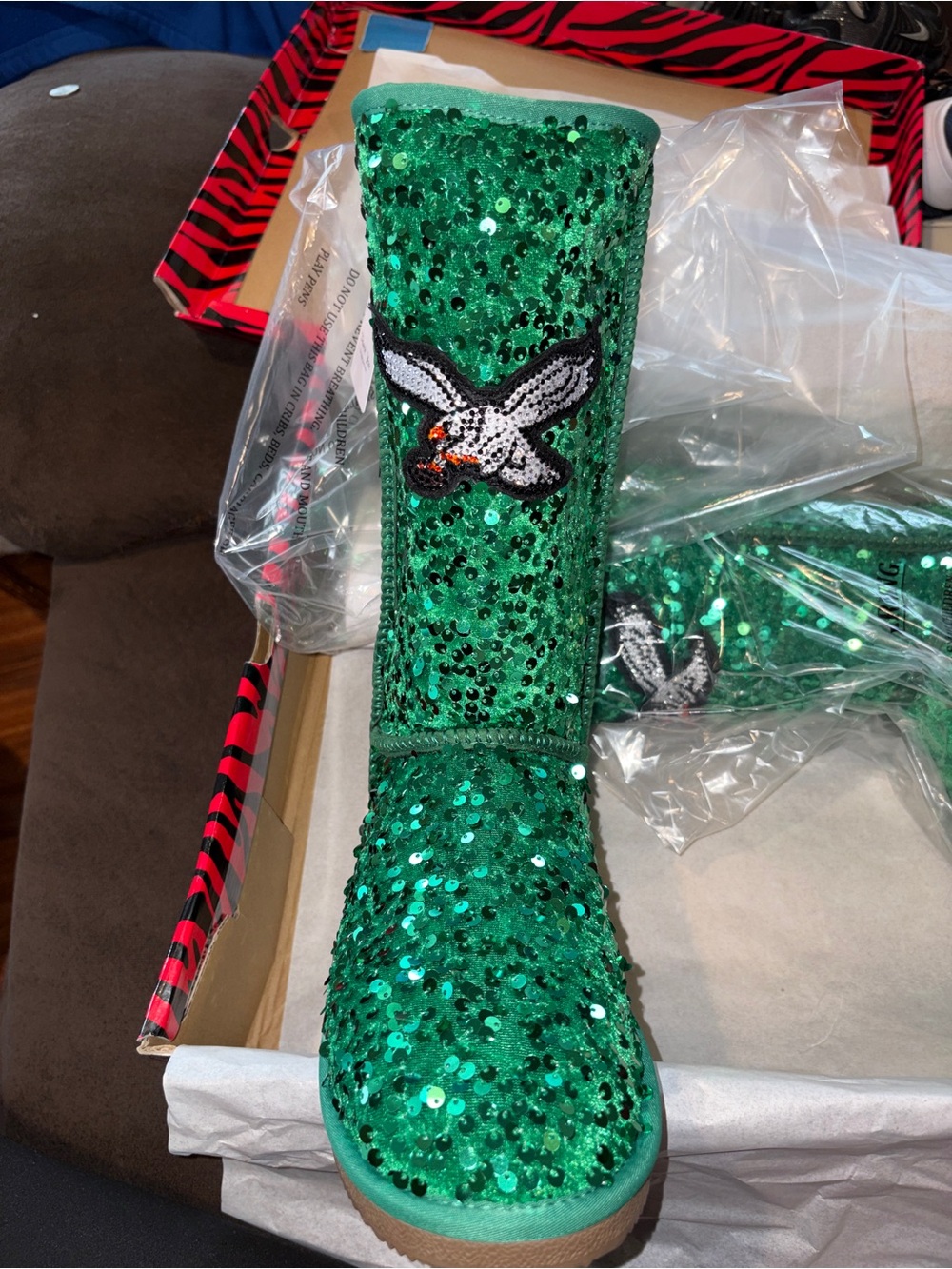 Green Philadelphia Eagles  Sequin Boot with Embroidered Bird - Home Accents